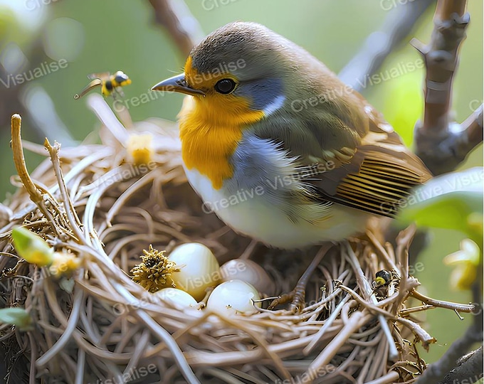 Bird with Eggs in Nest on Branch Printable Wall Art, Digital PNG 300 DPI