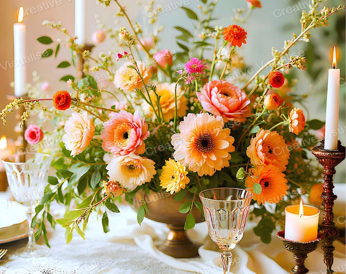 Colorful Flower Table Setting with Golden Vase, glassware set, and Candlelight Elegant Dining Scene