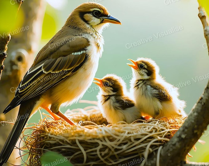 Bird with Chicks in Nest on Branch Printable Wall Art PNG PDF 300 DPI