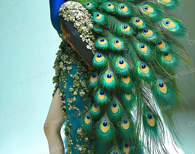 Whimsical Peacock Human Dressed as Fashion Model Printable Wall Art Colorful Exotic Decor