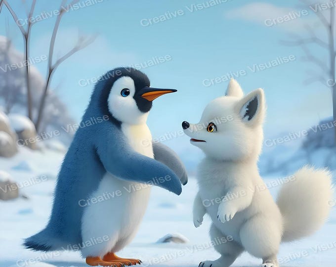 Baby Arctic Fox Playing with Baby Penguin Near Snowy Trees in Fantasy Winter Scene