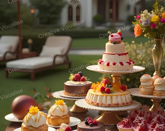 Elegancka ekspozycja tortów urodzinowych i weselnych na stylowym stole w ogrodzie Royal Courtyard