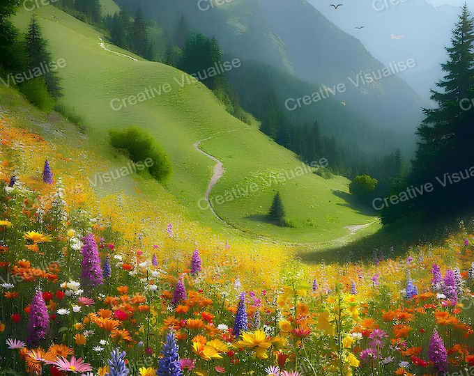Lush Mountainside Meadow with Colorful Flowers, Grass, and Trees – Peaceful Nature Landscape Wall Art