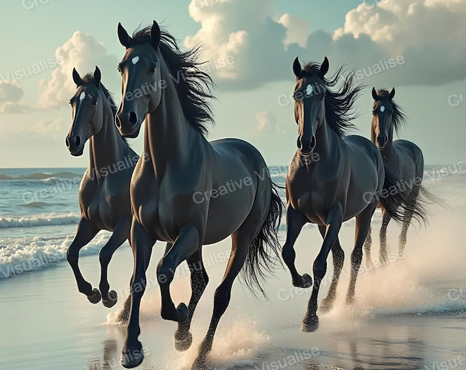 Wild Black Horses Running Along Sea Beach – Dramatic Coastal Wildlife Wall Art