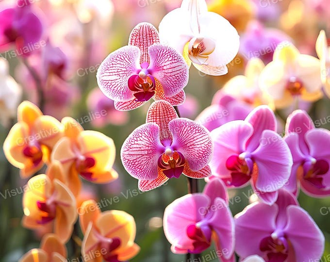 Plain of Colorful Orchid Flowers Blooming Under Bright Sunlight Landscape