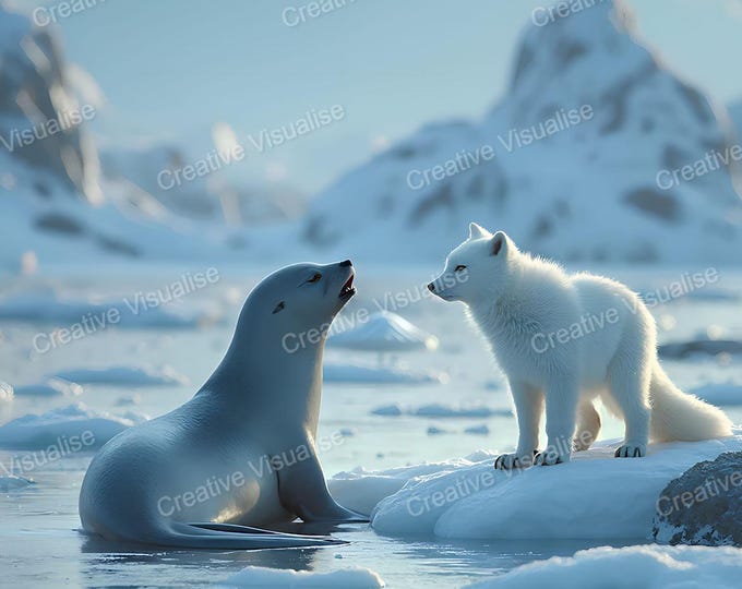 Arctic Fox and Seal in Snowy Coastal Landscape – Wildlife Art Illustration Printable