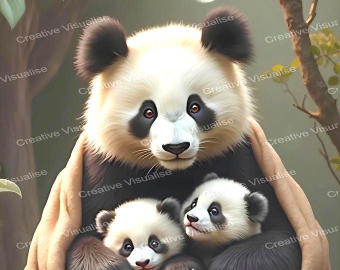 Mother Panda Hugging Cubs Under Tree Wrapped in Blanket Beneath Bright Moonlit Night Sky