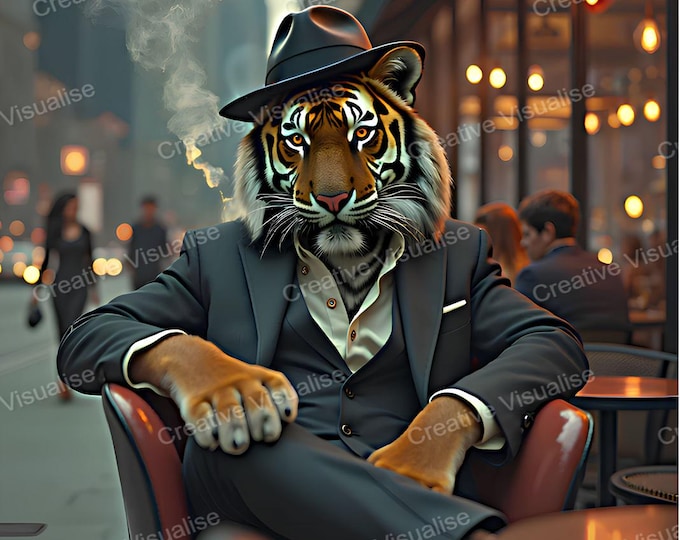 Fantasy Tiger in Suit Sitting at Café – Surreal Whimsical Animal Wall Art