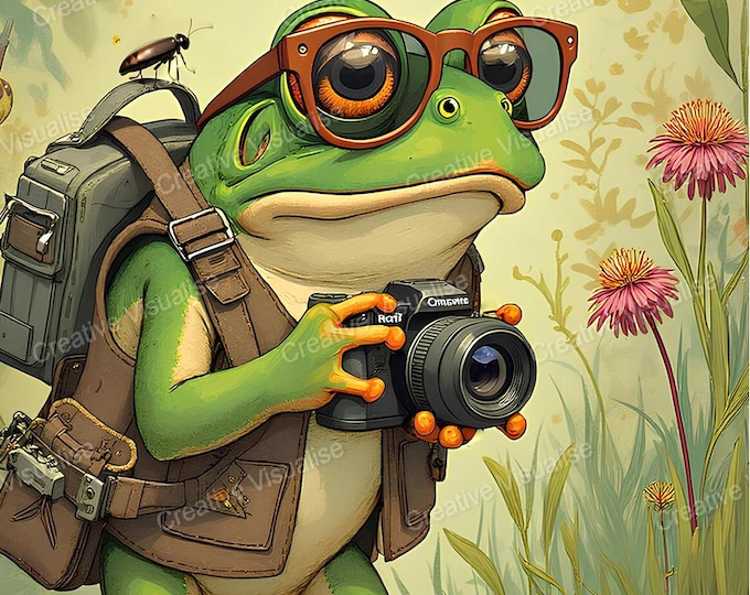 Fantasy Frog Photographer Among Plants and Insects – Whimsical Nature Illustration Digital File