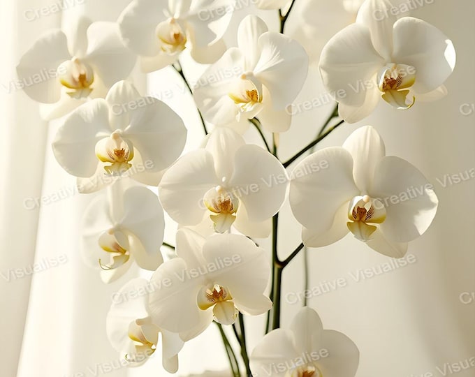 Orchid Flowers in White Ceramic Vase with Soft Curtain Background – Elegant Floral Wall Art