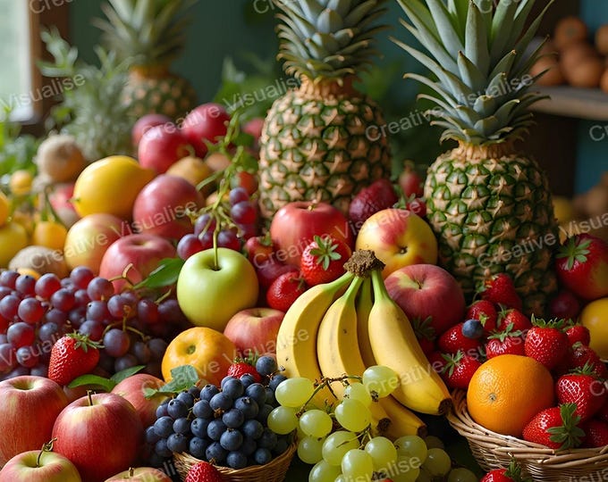Assorted Fruits Including Pineapple, Banana, Grapes, Apples, Oranges, and Pomegranates Cover Rustic Wooden Table