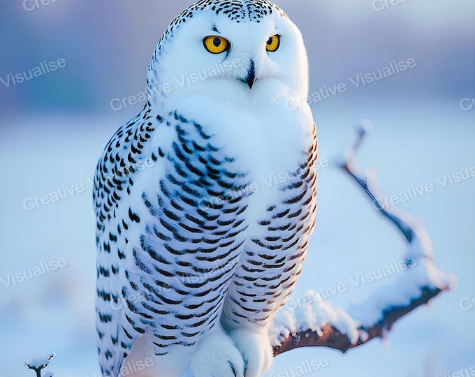 Featured listing image: Snowy Owl on Branch in Snowy Landscape Printable Wall Art PNG PDF 300 DPI