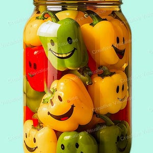 Jar of Colorful Pickled Peppers with Laughing Faces Funny Kitchen Art Print