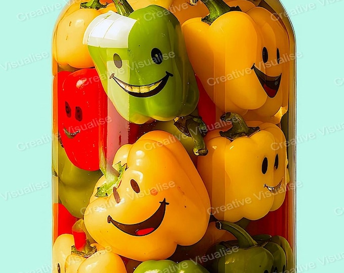 Jar of Colorful Pickled Peppers with Laughing Faces Funny Kitchen Art Print