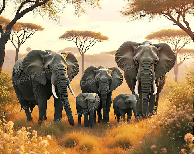 Elephant Herd Walking Across Golden Savanna Landscape Under Wide African Sky