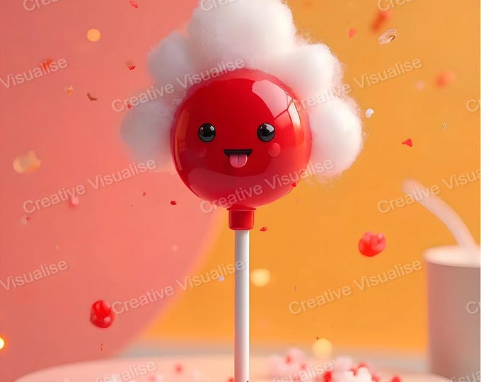 Red and White Lollipop Candy Painted Face Standing on Table with Orange Pink Background