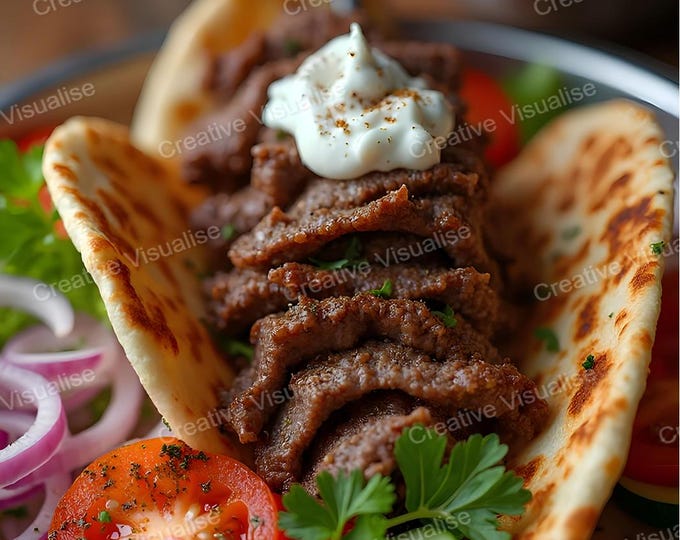 Grilled Kebab Sandwich in Bread with Tomatoes, Onions, and Fresh Vegetable Garnishes