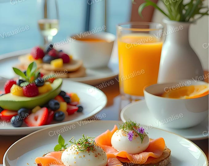 Beach Restaurant Breakfast Table with Sausage Snacks, Fruit Salad, and Juice: Coastal Dining Scene