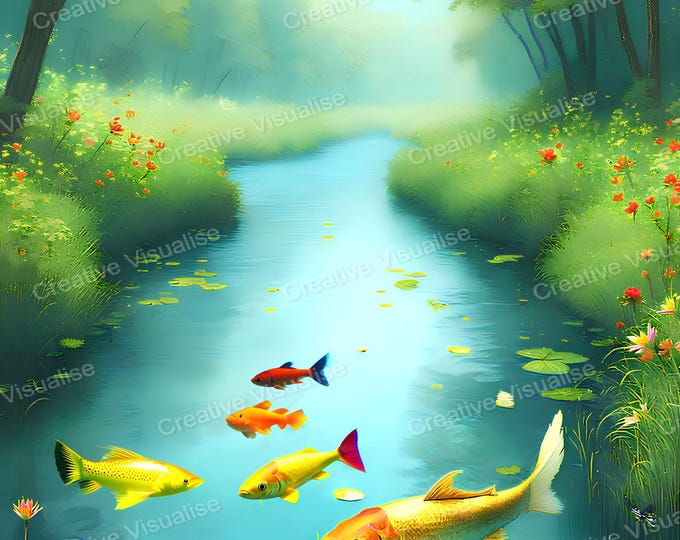 Painting-Style Colourful Fish Swimming Around Lotus Flowers in Forest River with Grass and Trees