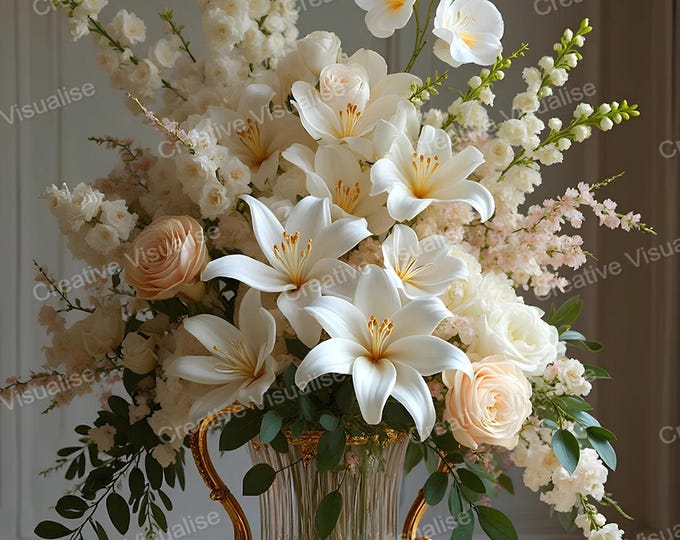 White and Pink Bouquet in Gold Glass Vase on Draped Table – Elegant Floral Art