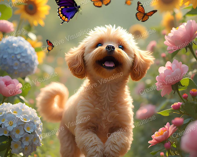 Maltipoo Playing with Butterflies in Flower Garden – Adorable Whimsical Dog Illustration
