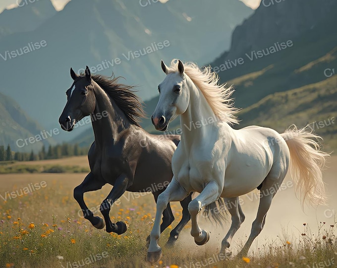 Wild Horses Running Field Art Print – Vibrant Nature Mountain Landscape (Digital Download)