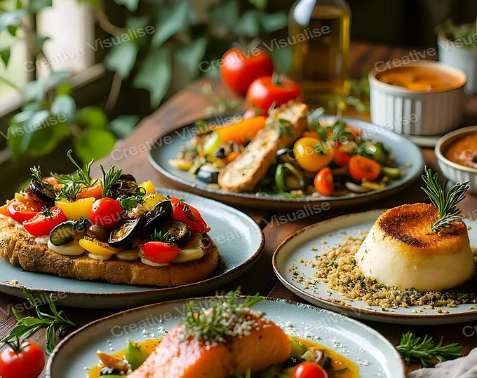 Rustic Table Setting with Fish, Rice, and Salad – Cozy Dining Wall Art