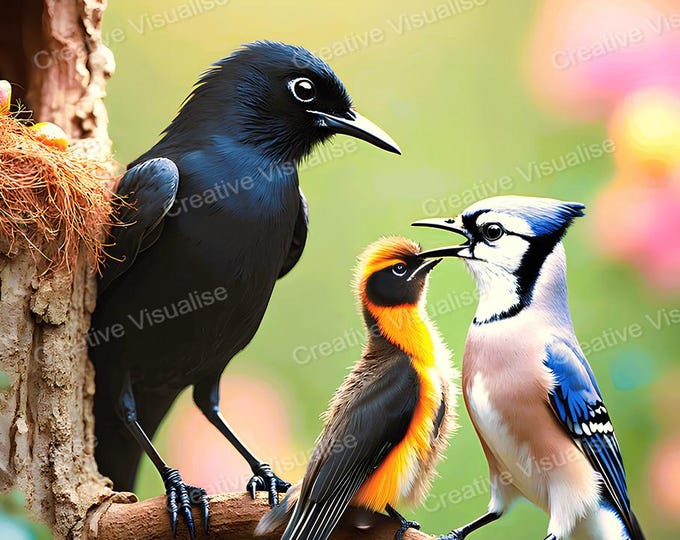 Different Birds on a Branch with Flowers Wall Art Digital Download High Resolution PNG PDF
