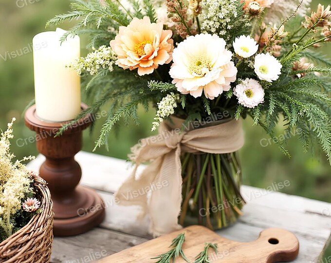 Rustic Garden Table with Flower Bouquet Basket and Candle Still Life