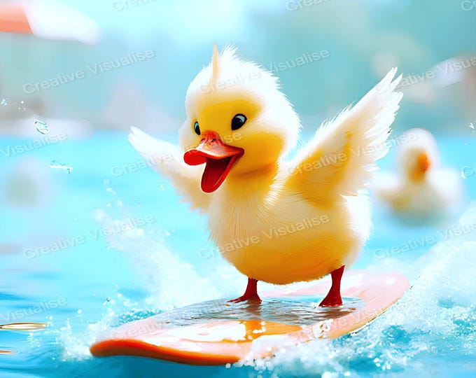 Surfing Duckling Printable Wall Art, Digital PNG PDF 300 DPI