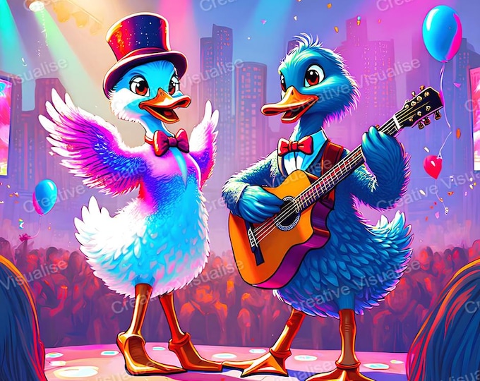 Ducks Playing Guitar Printable Wall Art, Dancing Bird Digital PNG PDF 300 DPI