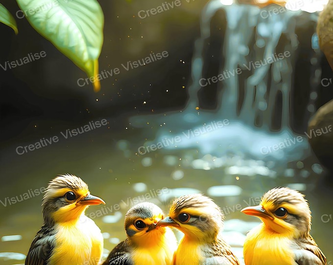 Bathing Yellow Birds Printable Wall Art, Digital PNG PDF 300 DPI