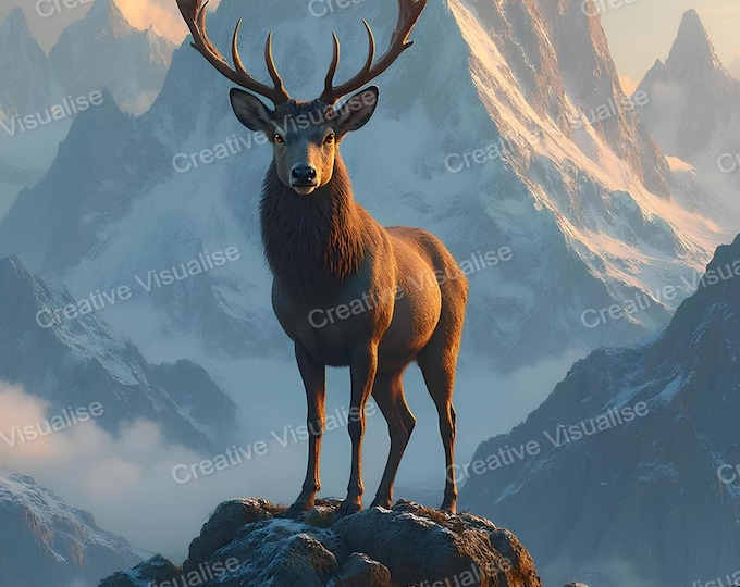 Caribou Deer Standing in Snowy Mountains with Large Peak Visible Behind It