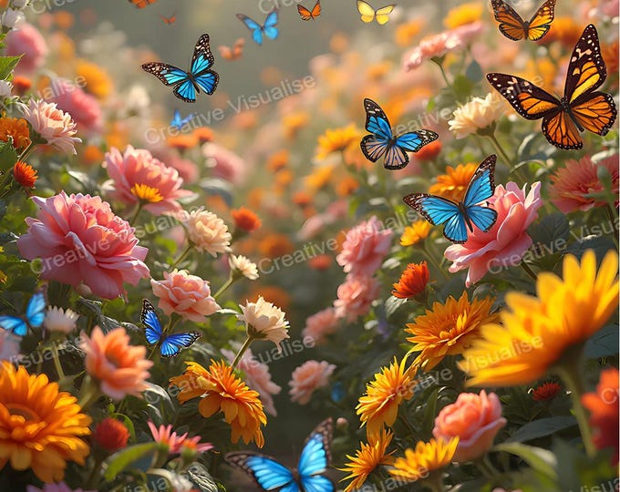 Colorful Flower Garden with Butterflies in Flight – Vibrant Nature Landscape Wall Art