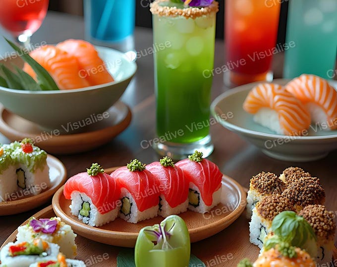 Stylish Ceremony Table Setting with Decorative Sushi Arrangements and Assorted Drinks