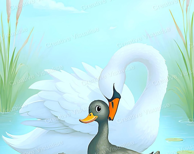 Swan Playing with Ducks Wall Art Printable | Birds Digital Download PDF & PNG