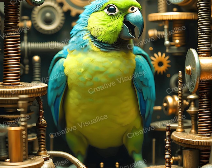 Parrot in Industrial Workshop Wall Art Printable | Surreal Urban Bird Digital Download PDF & PNG