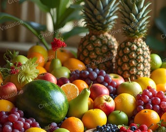 Exhibición rústica de mesa con piñas, sandías, peras, manzanas, uvas y otras frutas frescas