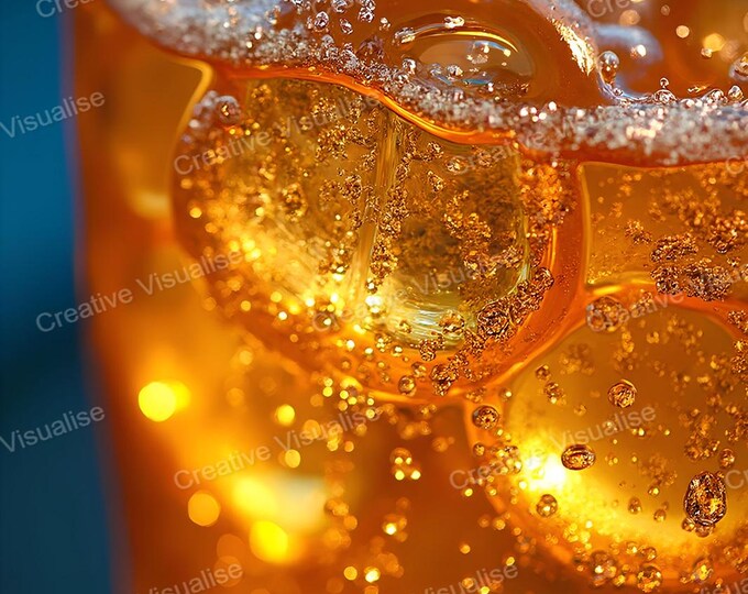 Close-Up of Orange Fizzy Drink in Glass with Ice Cubes and Bubbles: Refreshing Beverage