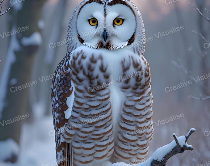 Snowy Owl Perched on Low Branch in Snowy Forest Environment Close to Ground