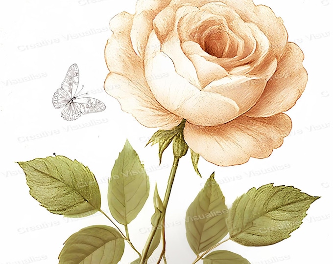 Vintage Botanical Roses with Butterfly Painting Style Printable Wall Art Floral Decor