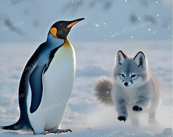Baby Arctic Fox Playing with Penguin in Snowy Polar Landscape