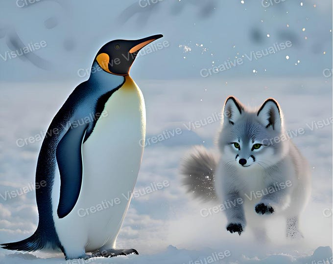 Baby Arctic Fox Playing with Penguin in Snowy Polar Landscape