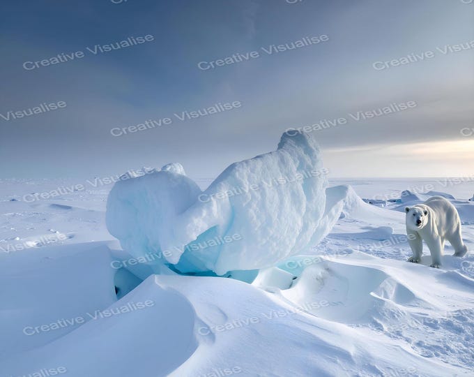 Polar Bear Standing Next to Large Snowdrift in Arctic Snowy Wilderness