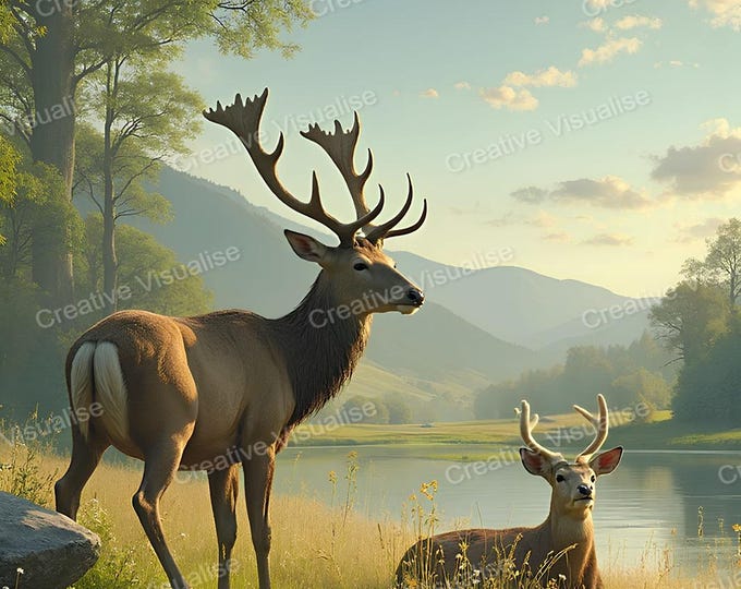 Two Deers, Sitting and Standing on Grass by river in forest under tree