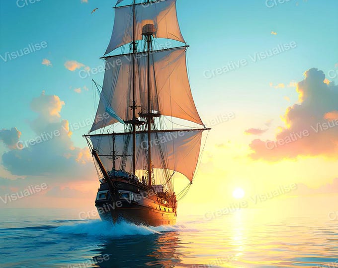 Wooden Sailing Ship with Large Sails at Sunset Sea with Sunlight Reflection Art Print