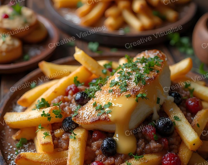 Fried Fish and Potato Wedges with Green Lentils, and Side Dishes on Table