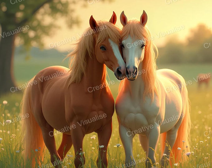 Two Horses in Love Standing in Flower-Filled Meadow with Grass and Trees, Romantic Nature