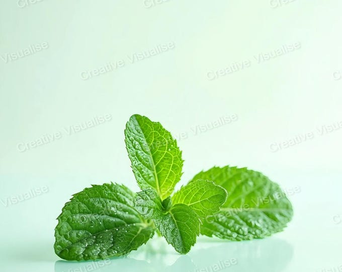 Fresh Mint Leaves on Shiny White Surface with Soft Shadows – Minimal Botanical Food Art