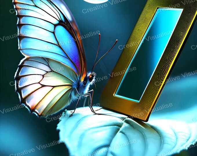 Fantasy Butterfly Looking into Mirror on Leaf Under Moonlight